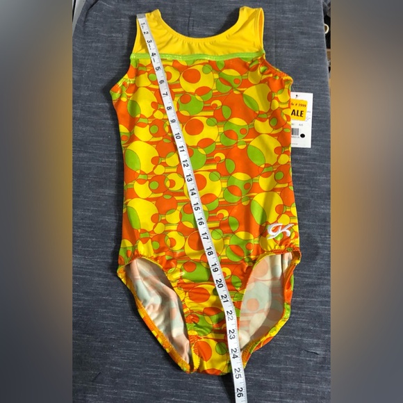 GK Gymnastics Leotard AS Adult Small With Tags Yellow Orange Green Circles - Picture 15 of 16